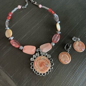 Apricot and Silver Necklace with clip earrings
